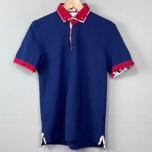 MACEOO Mens Polo Shirt Mens Size S Navy Red Collar Preppy Streetwear Casual Knit